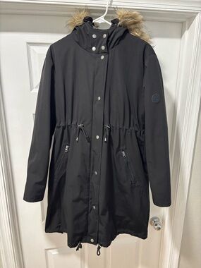 Seraphine Black Hooded Maternity Coat with Faux-Fur Trim